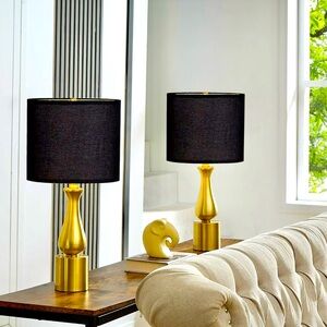 NIB Set of 2 Gold Finish Brass Corded Table Lamps with Black Linen Shades